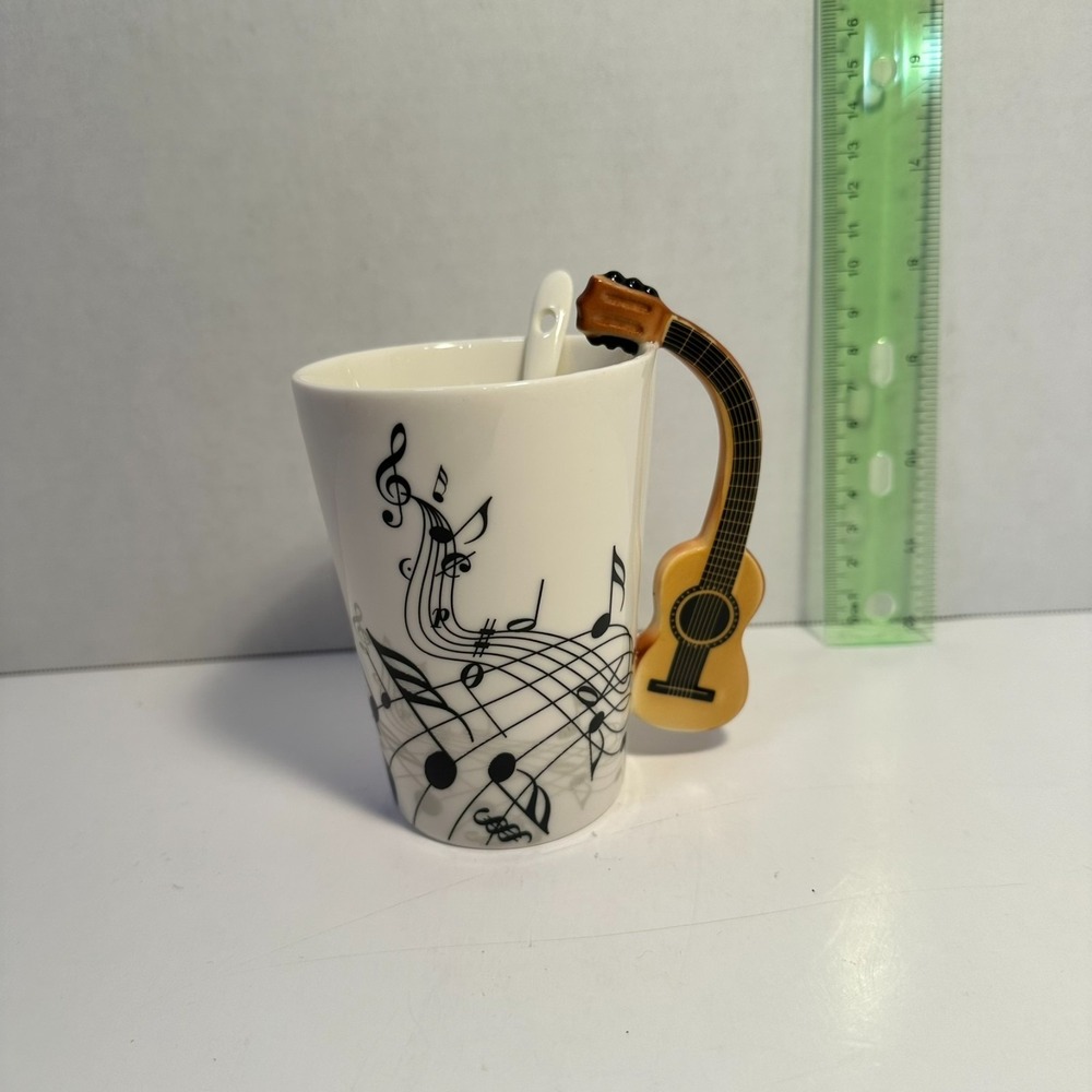 Guitar Handle Ceramic Music Note Mug With Spoon & Box White Black